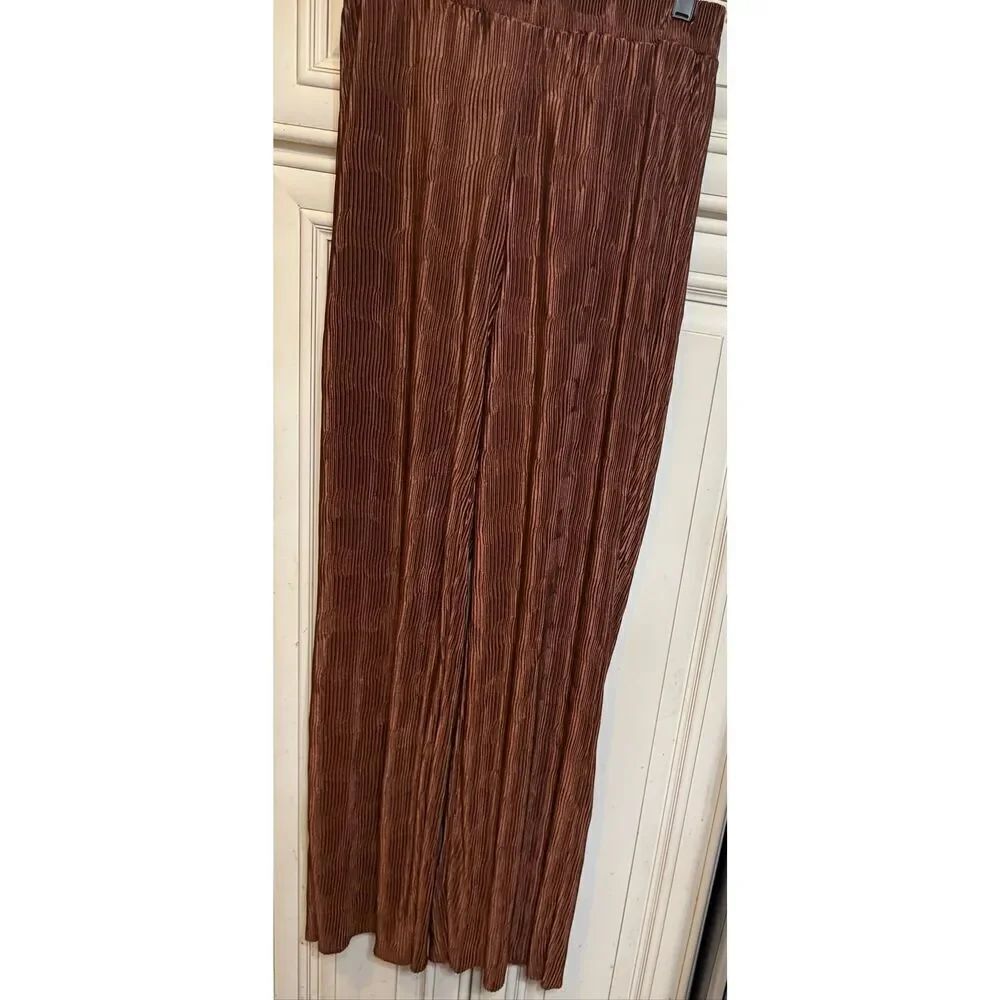 Meshki Women's Yara Plisse High Waist Pull On Wide Leg Pants Brown Sz Small NWOT